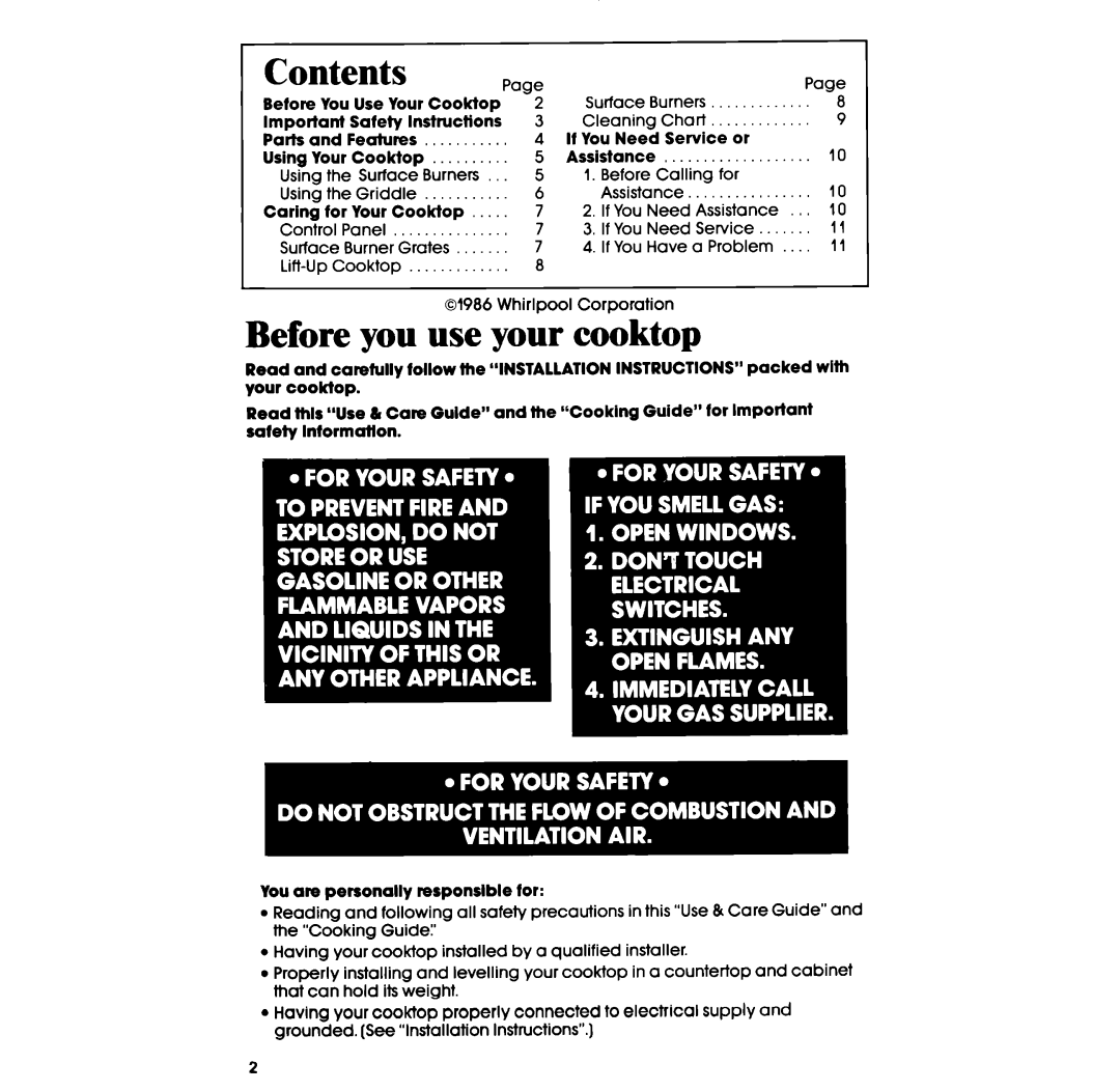 Whirlpool SC8436ER, SC8536ER manual Contents, Before you use your cooktop 