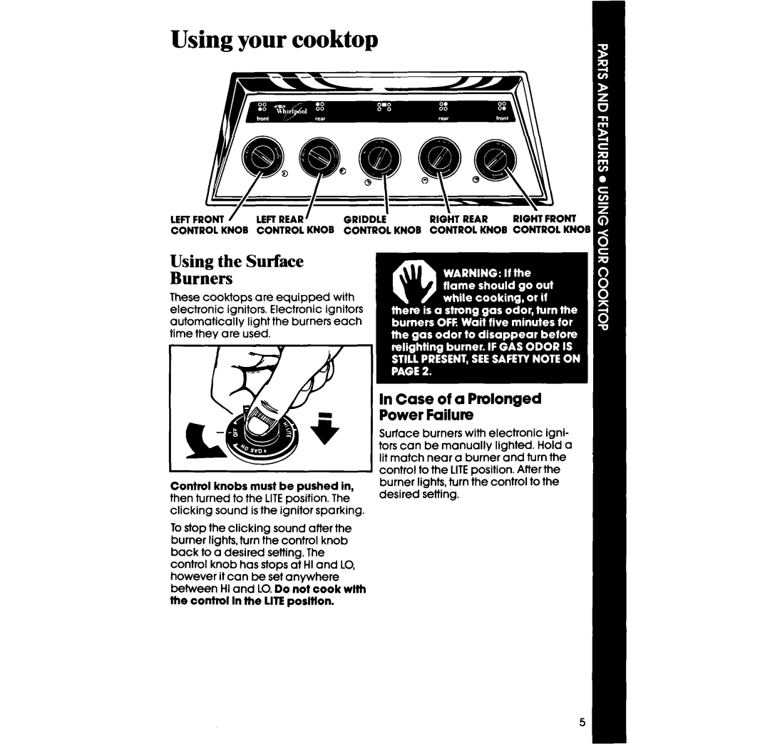 Whirlpool SC8536ER, SC8436ER manual Using your cooktop, Using the Surface Burners, In Case of a Prolonged Power Failure 