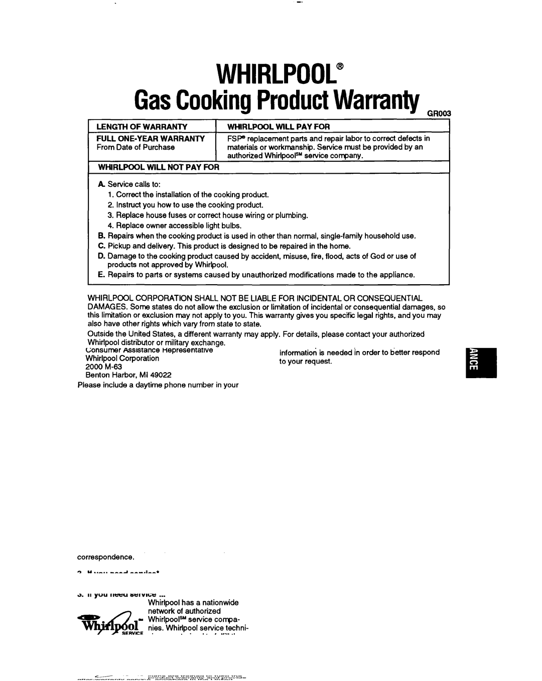 Whirlpool SC8436EX, SC8536EX, SC6536W manual Whirlpool GasCookingProductWarrantyGR003 