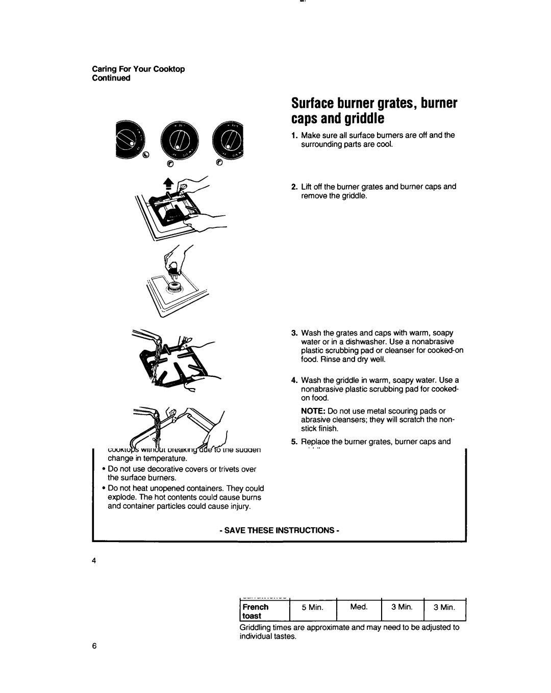 Whirlpool SC6536W, SC8436EX, SC8536EX manual Surface burner grates, burner caps and griddle, Surface burners 