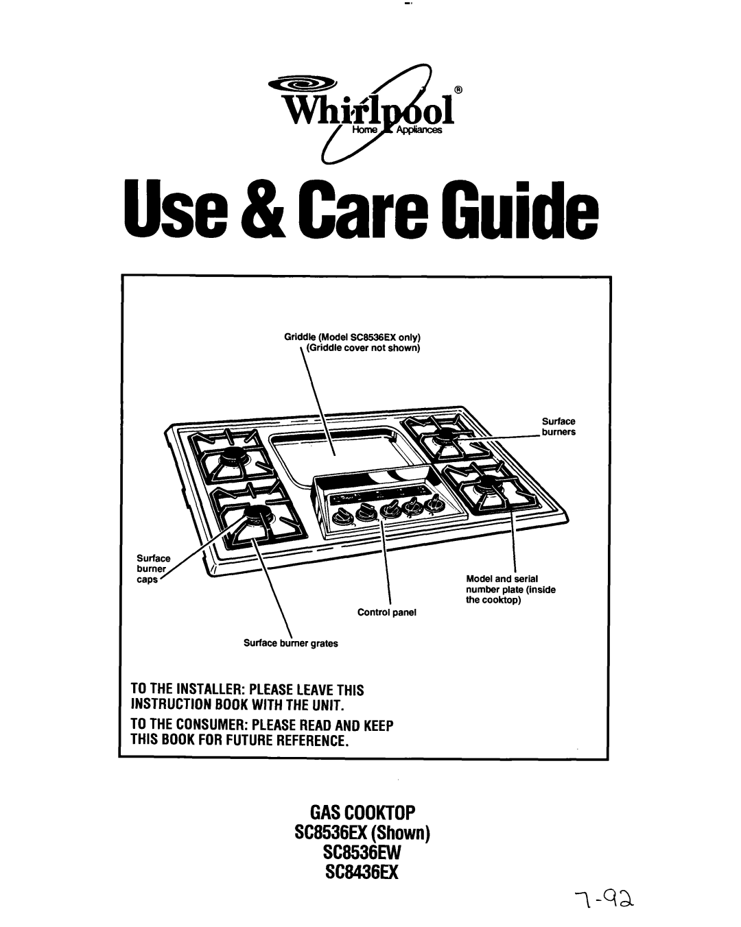 Whirlpool manual GASCOOKTOP SC8536EXShown SC6536W SC8436EX, Use& CareGuide 
