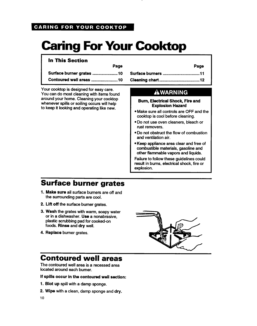 Whirlpool SC8630EB warranty Caring For Your Coolctop, Surface burner grates, Contoured well areas 