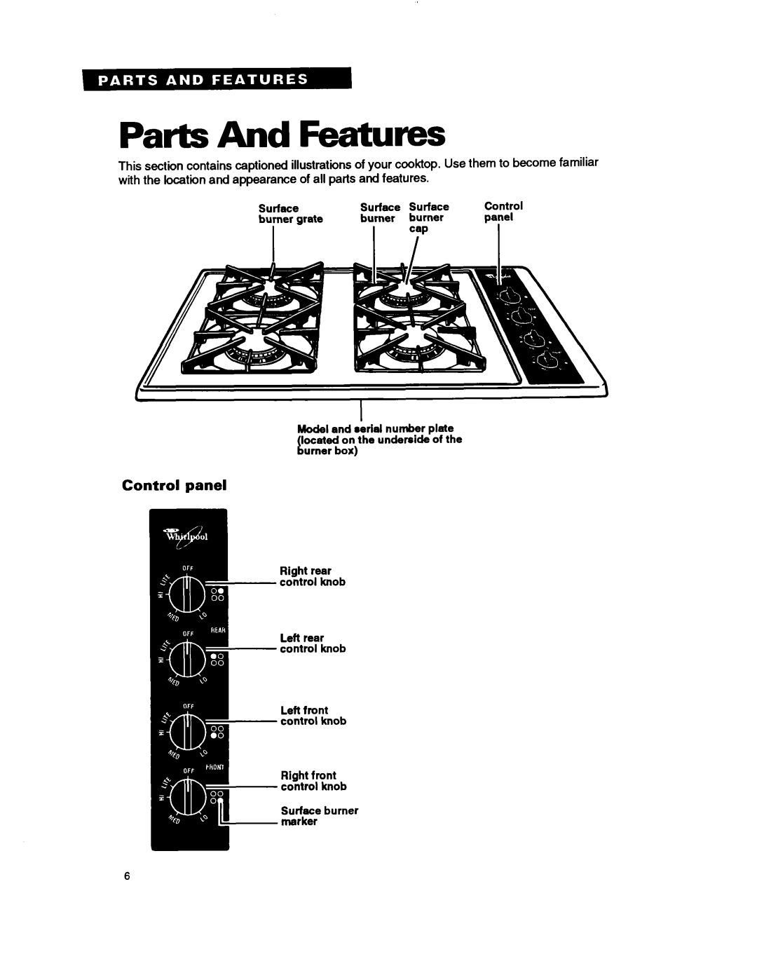 Whirlpool SC8630EB warranty Parts And Features, Control panel 