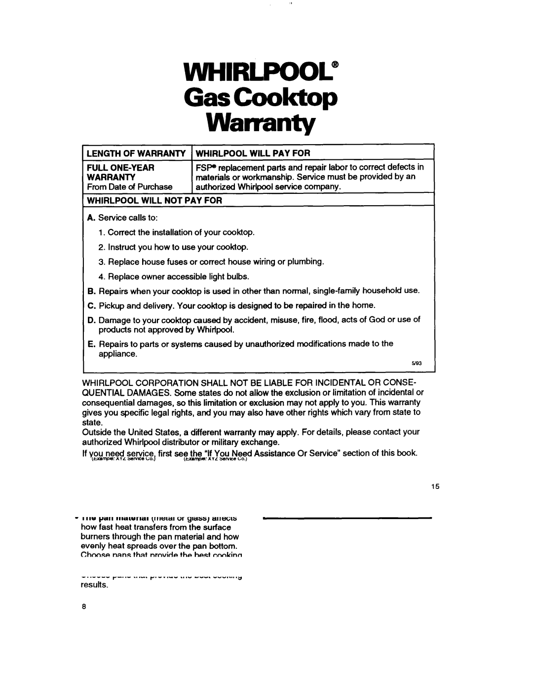 Whirlpool SC8630ED warranty GasCoolctop Warranty, Length of Warranty Whirlpool will PAY for Full ONE-YEAR 