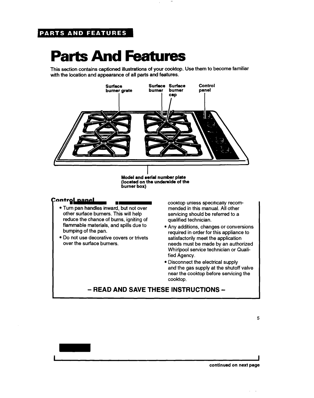 Whirlpool SC8630ED warranty Parts And Features, Control panel 