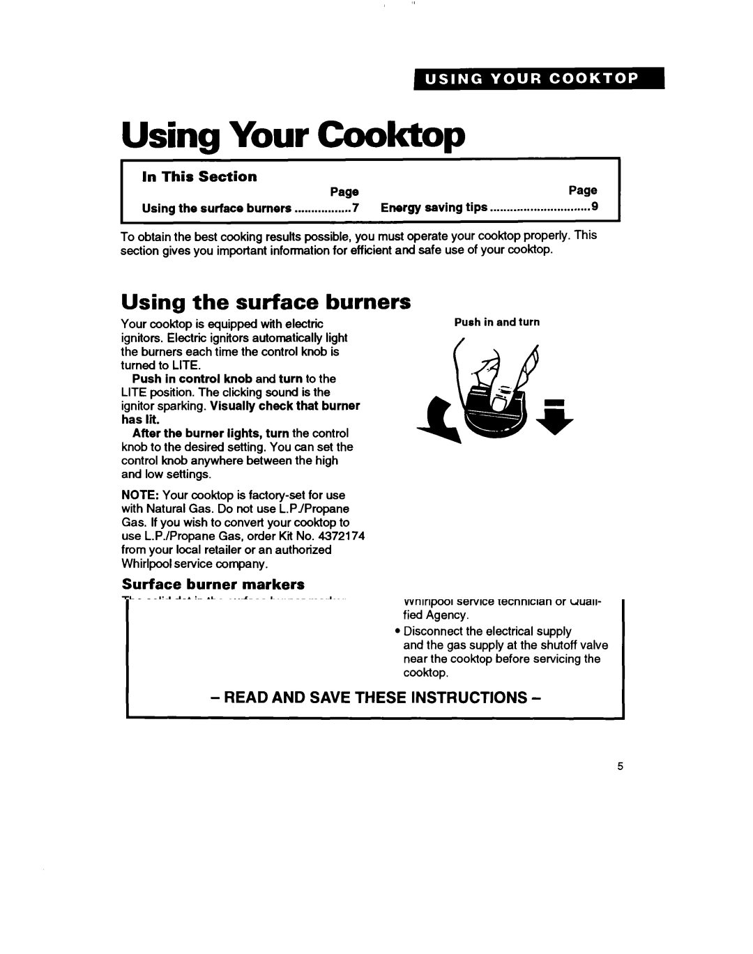 Whirlpool SC8630ED warranty Using Your Cooktop, Using Surface Burners, Surface burner markers, Burner heat settings 