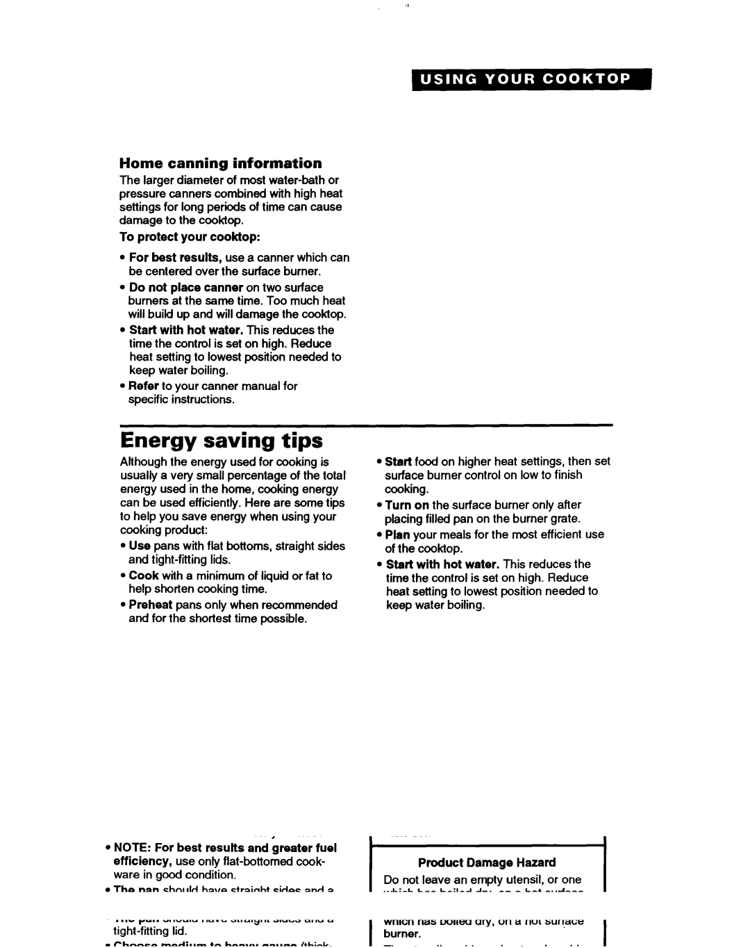 Whirlpool SC8630ED warranty Energy saving tips, Home canning information, To protect your cooktop 