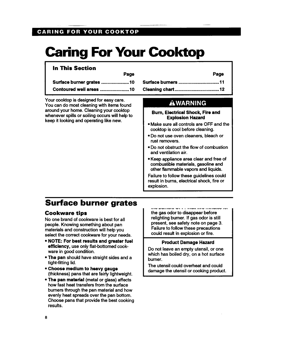 Whirlpool SC8636EB warranty Caring For Your Cooktop, Surface burner grates, Contoured well areas 