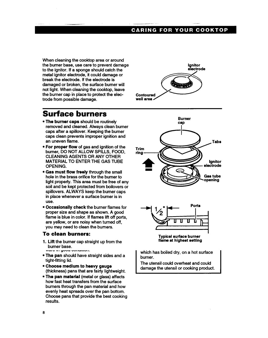 Whirlpool SC8636EB warranty Surface burners, To clean burners 