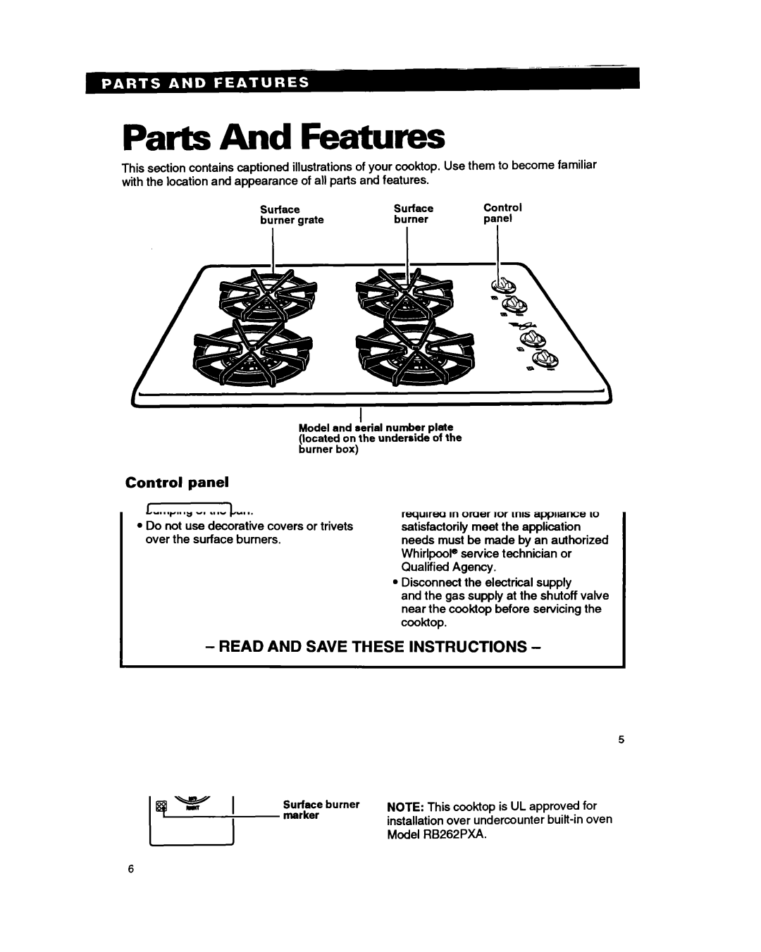 Whirlpool SC8636EB warranty Parts And Features, Control panel 