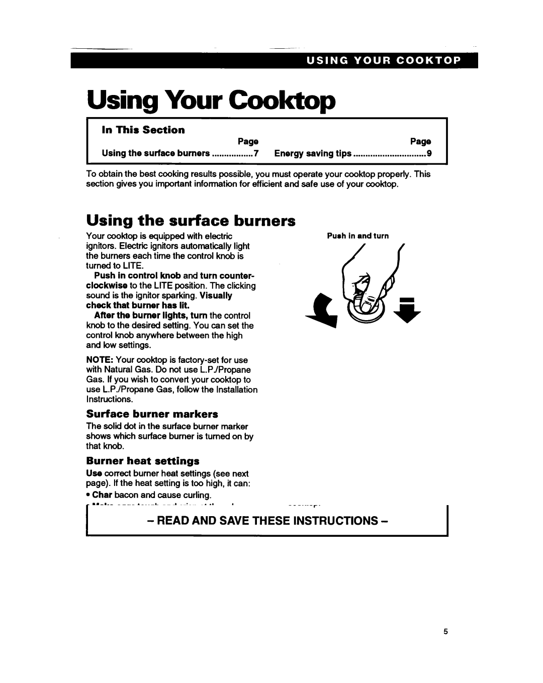 Whirlpool SC8636EB warranty Using Your Cooktop, Using the surface Burners, This Section, Surface burner markers 