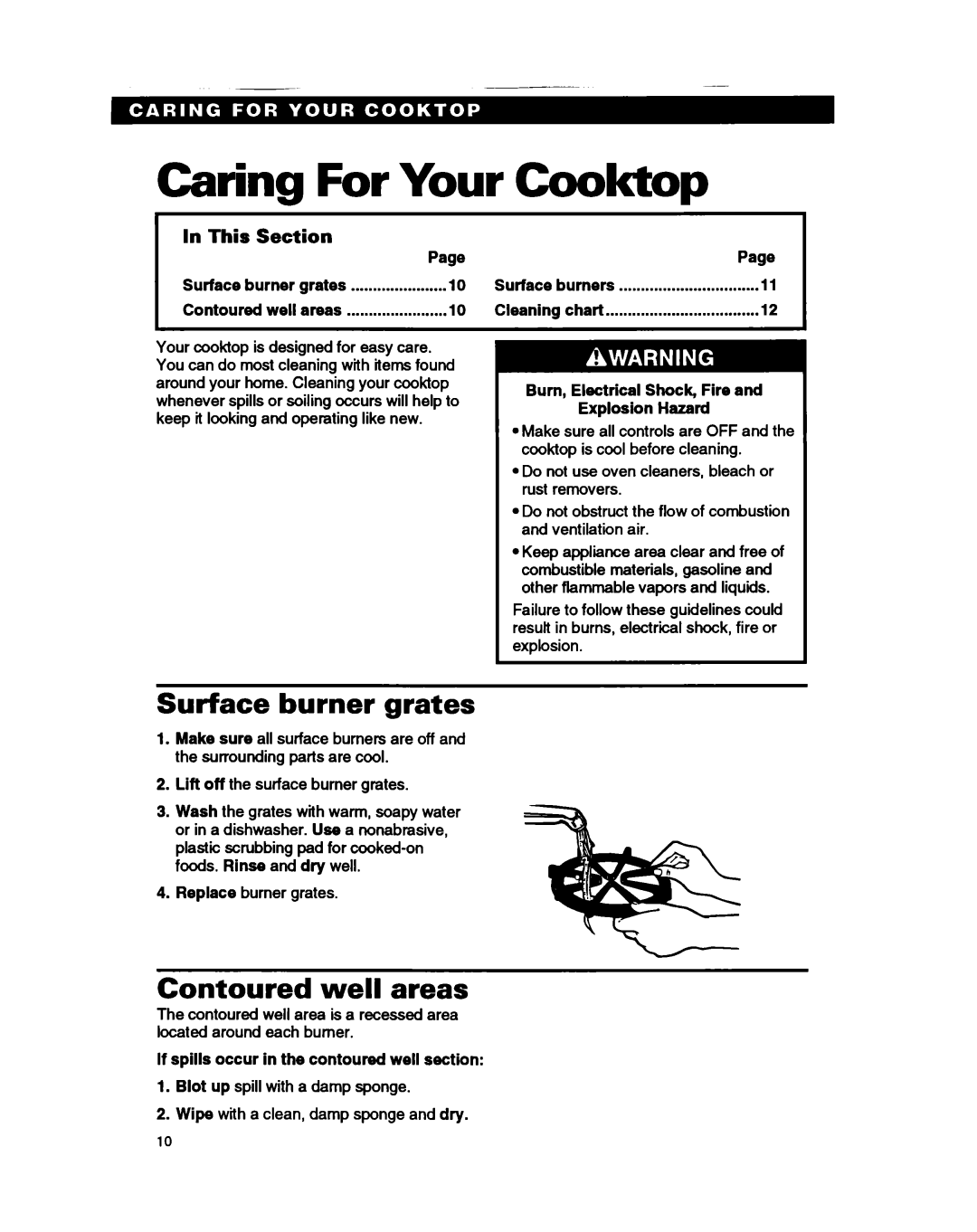 Whirlpool SC8636EB warranty Caring For Your Cooktop, Surface burner grates, Contoured well areas, In This Section, Page 