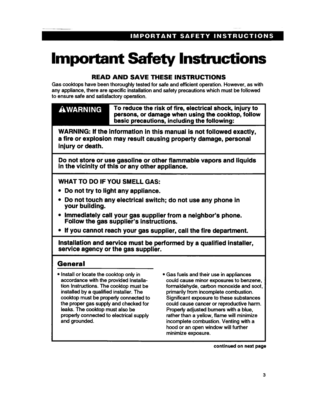 Whirlpool SC8636EB warranty Important Safety Instructions, General 