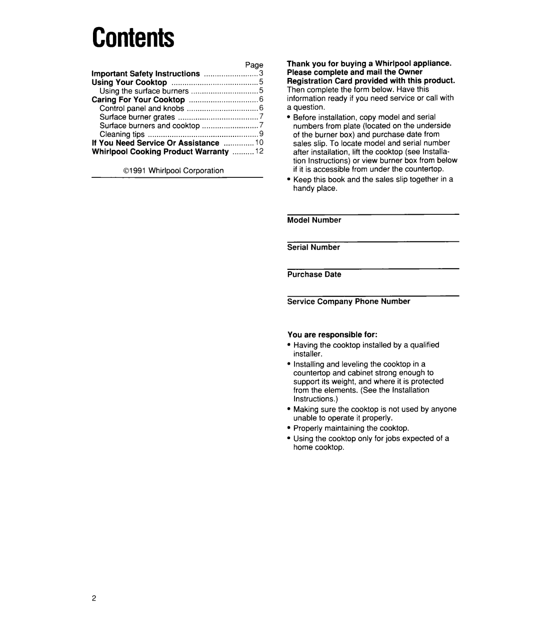 Whirlpool SC863OEW, SC863OEX manual Contents 