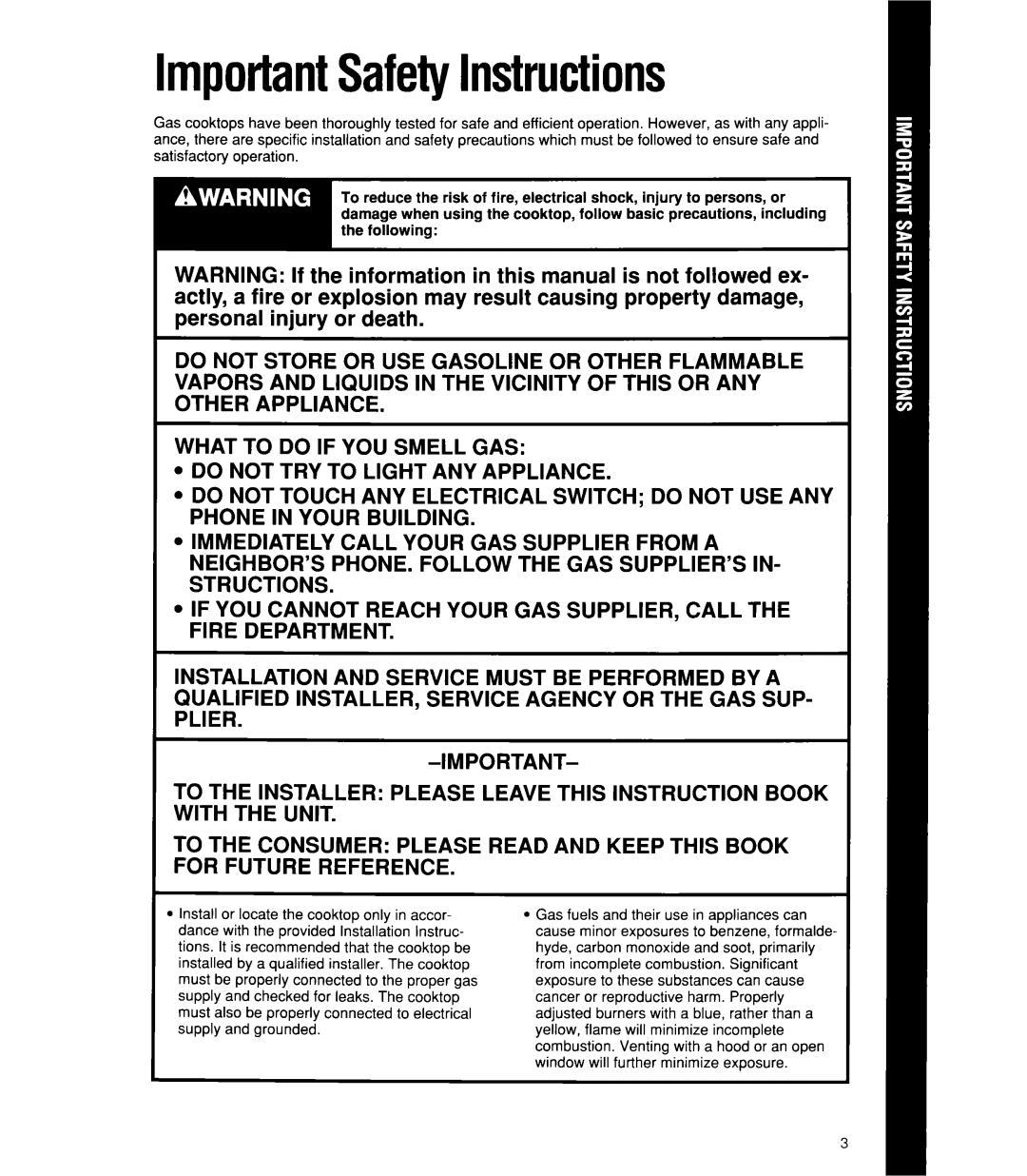 Whirlpool SC863OEX, SC863OEW manual ImportantSafetyInstructions 