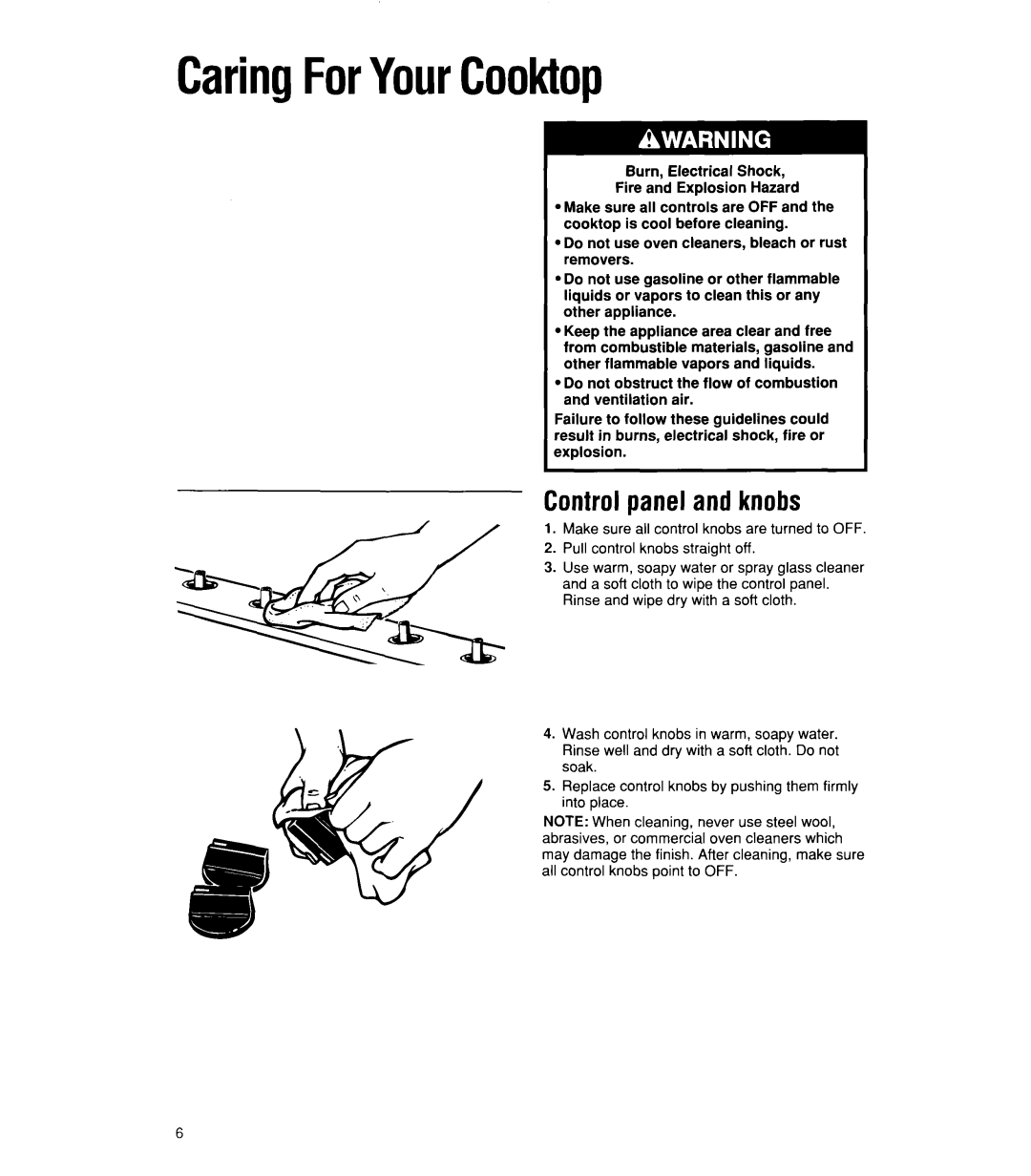 Whirlpool SC863OEW, SC863OEX manual CaringForYourCooktop, Controlpanel and knobs 