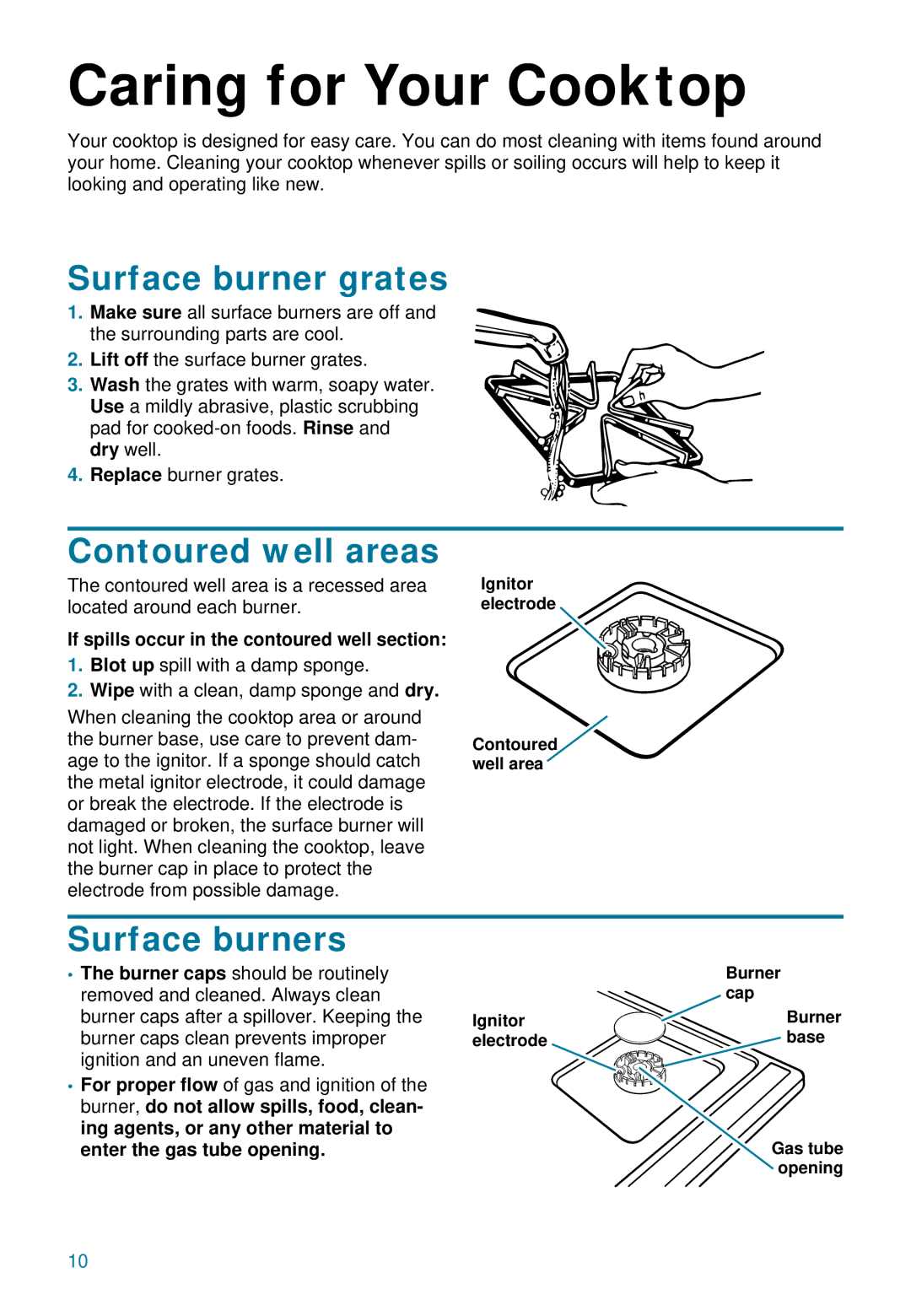 Whirlpool YSC8640ED warranty Caring for Your Cooktop, Surface burner grates, Contoured well areas, Surface burners 