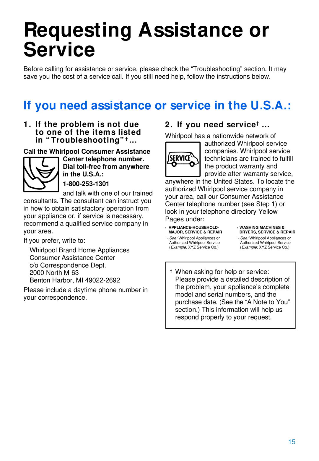 Whirlpool YSC8640ED warranty Requesting Assistance or Service, If you need service† … 