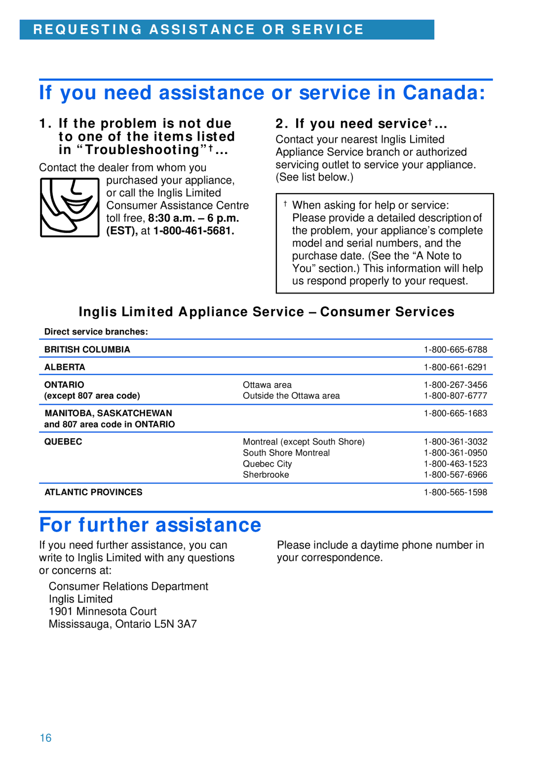 Whirlpool YSC8640ED warranty If you need service†, Inglis Limited Appliance Service Consumer Services 