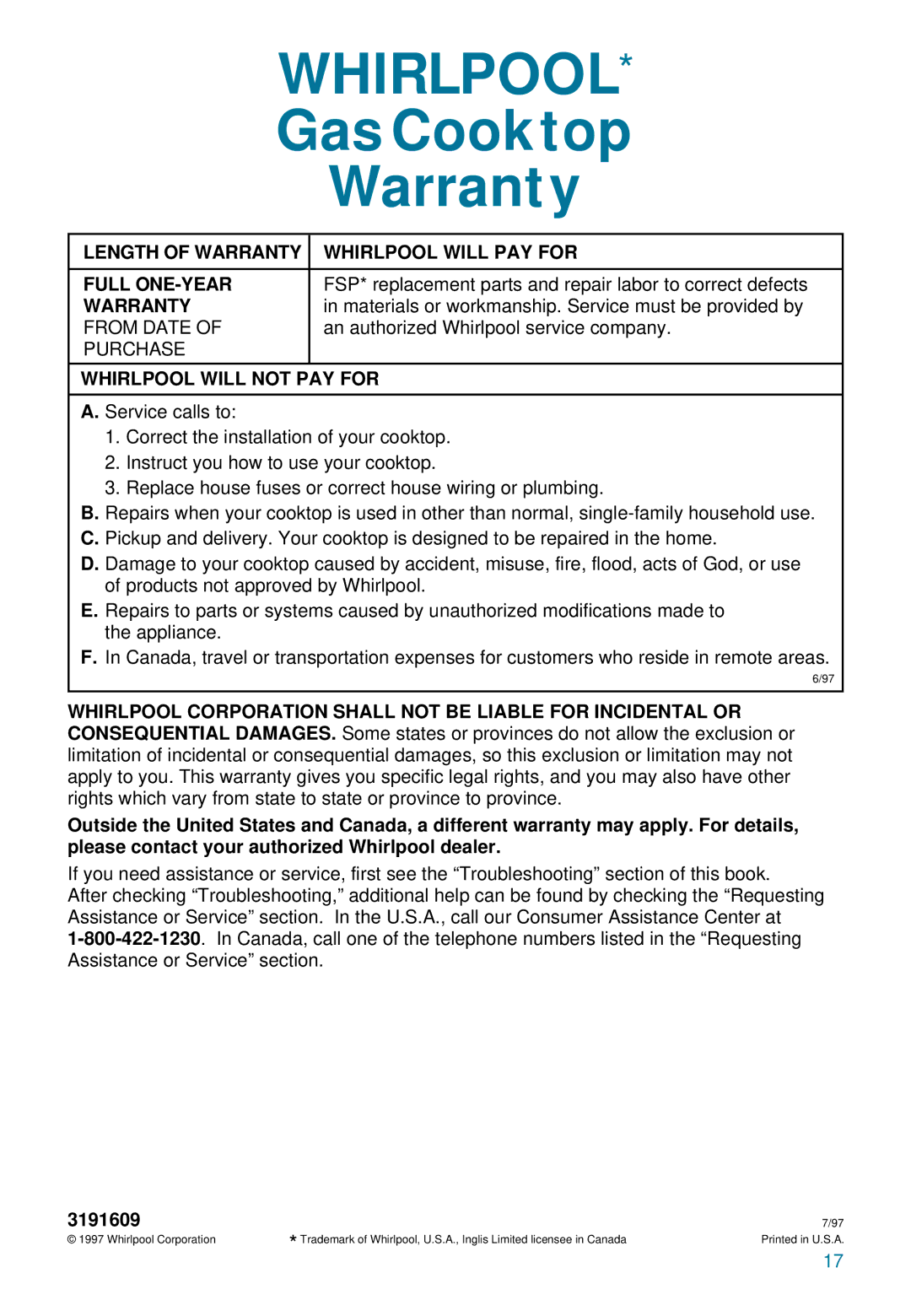 Whirlpool YSC8640ED warranty Length of Warranty Whirlpool will PAY for Full ONE-YEAR, From Date 