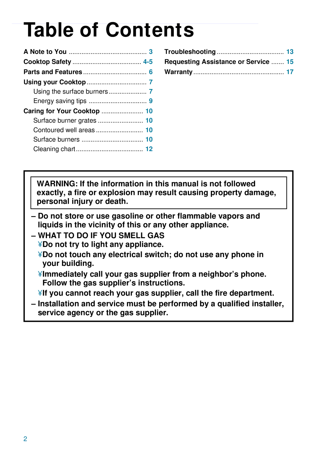 Whirlpool YSC8640ED warranty Table of Contents 