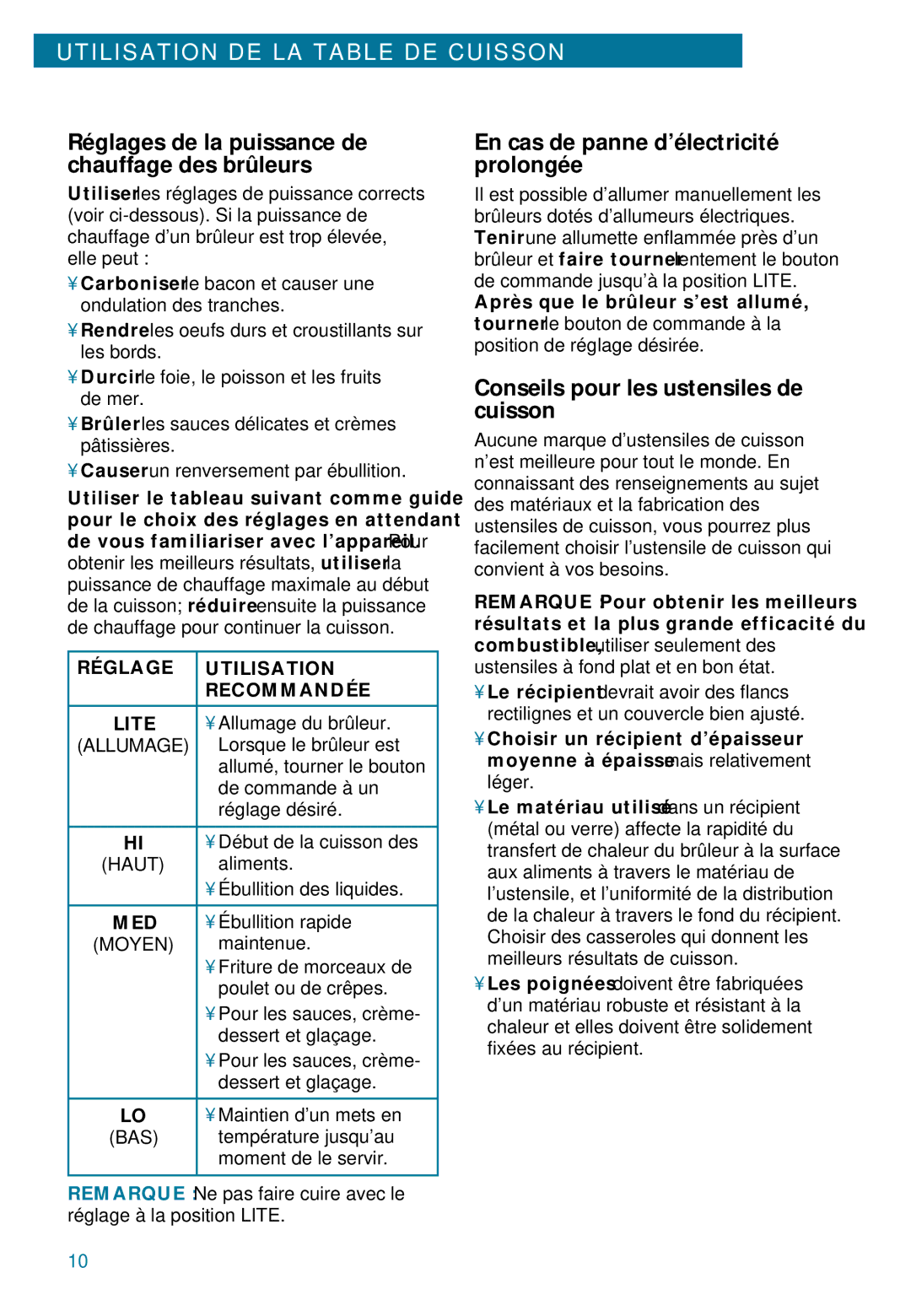 Whirlpool YSC8640ED warranty Réglages de la puissance de chauffage des brûleurs, En cas de panne d’électricité prolongée 