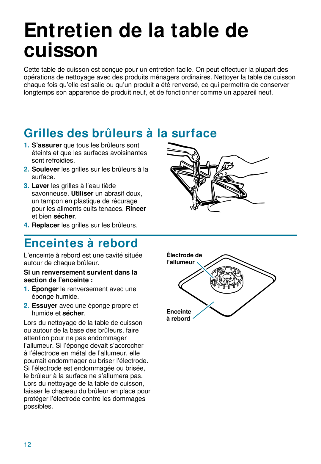 Whirlpool YSC8640ED warranty Entretien de la table de cuisson, Grilles des brûleurs à la surface, Enceintes à rebord 