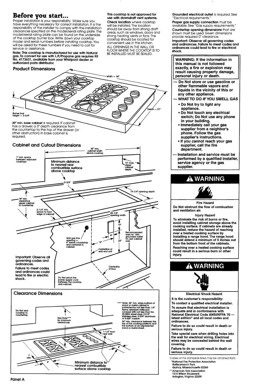 Whirlpool SC864OED Before you start, Product Dimensions, Cabinet and Cutout Dimensions, Clearance Dimensions 