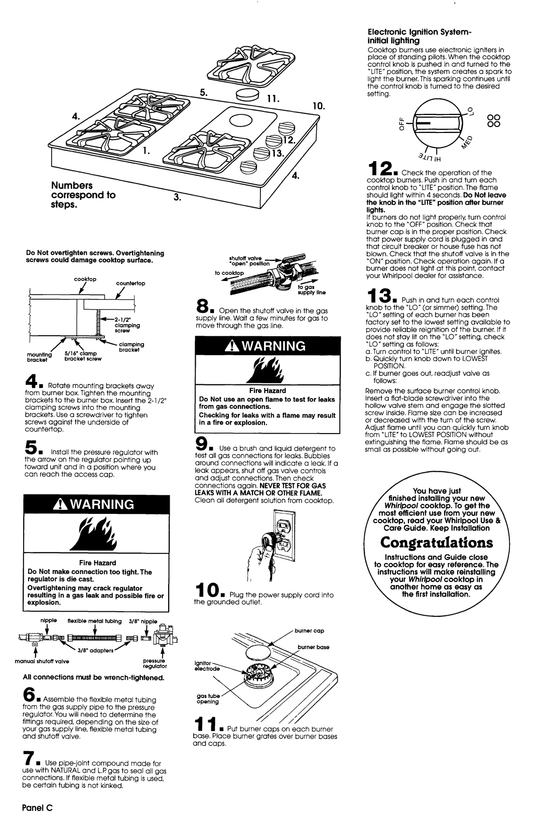 Whirlpool SC864OED installation instructions Correspond to steps, Electronic Ignition System- initial lighting, Panel C 