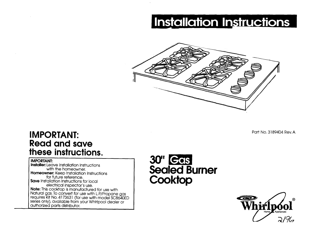 Whirlpool SC864OED installation instructions 30” m, Sealed Burner Cooktop, IMPORTANT Read and save these instructions 