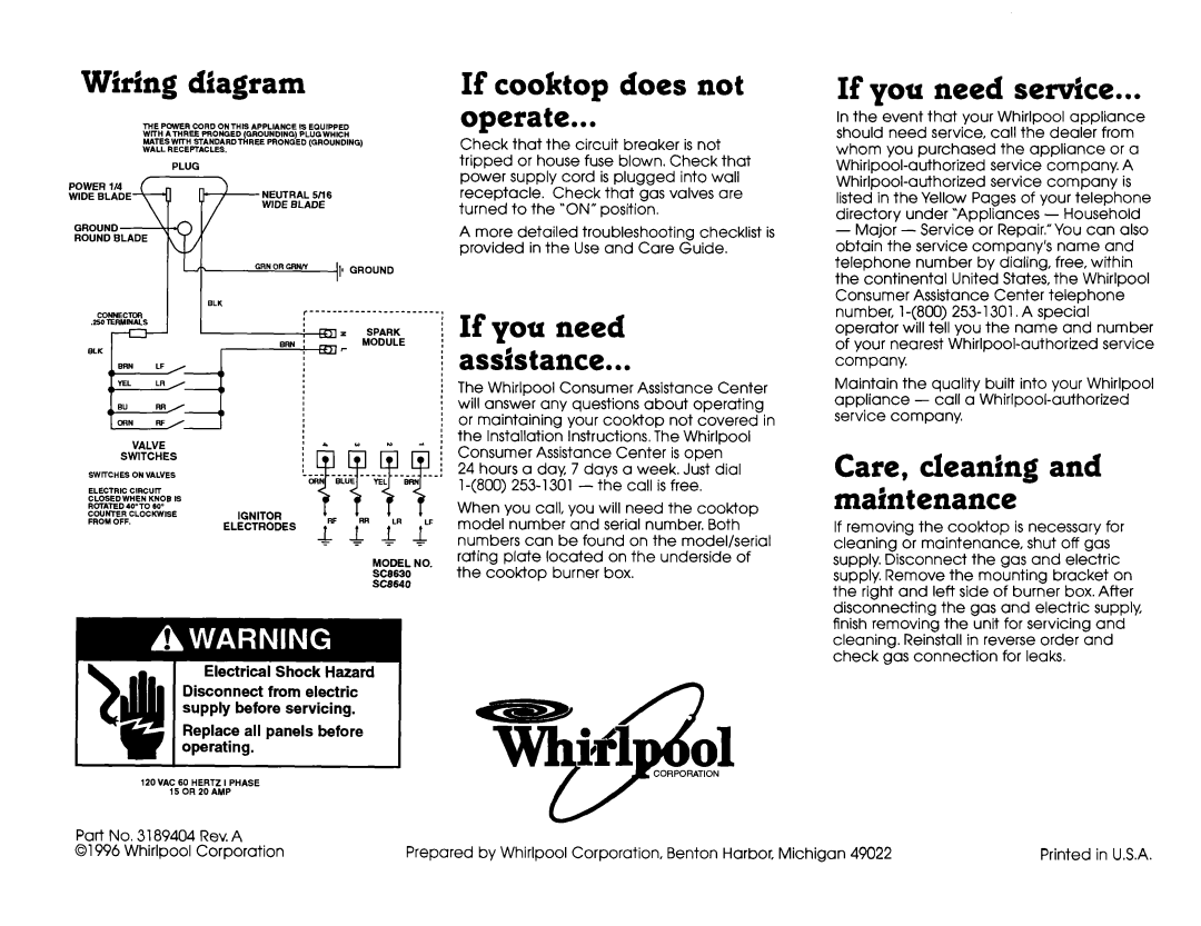 Whirlpool SC864OED Wiring diagram, If cooktop does not operate, If you need service, Care, cleaning and maintenance 