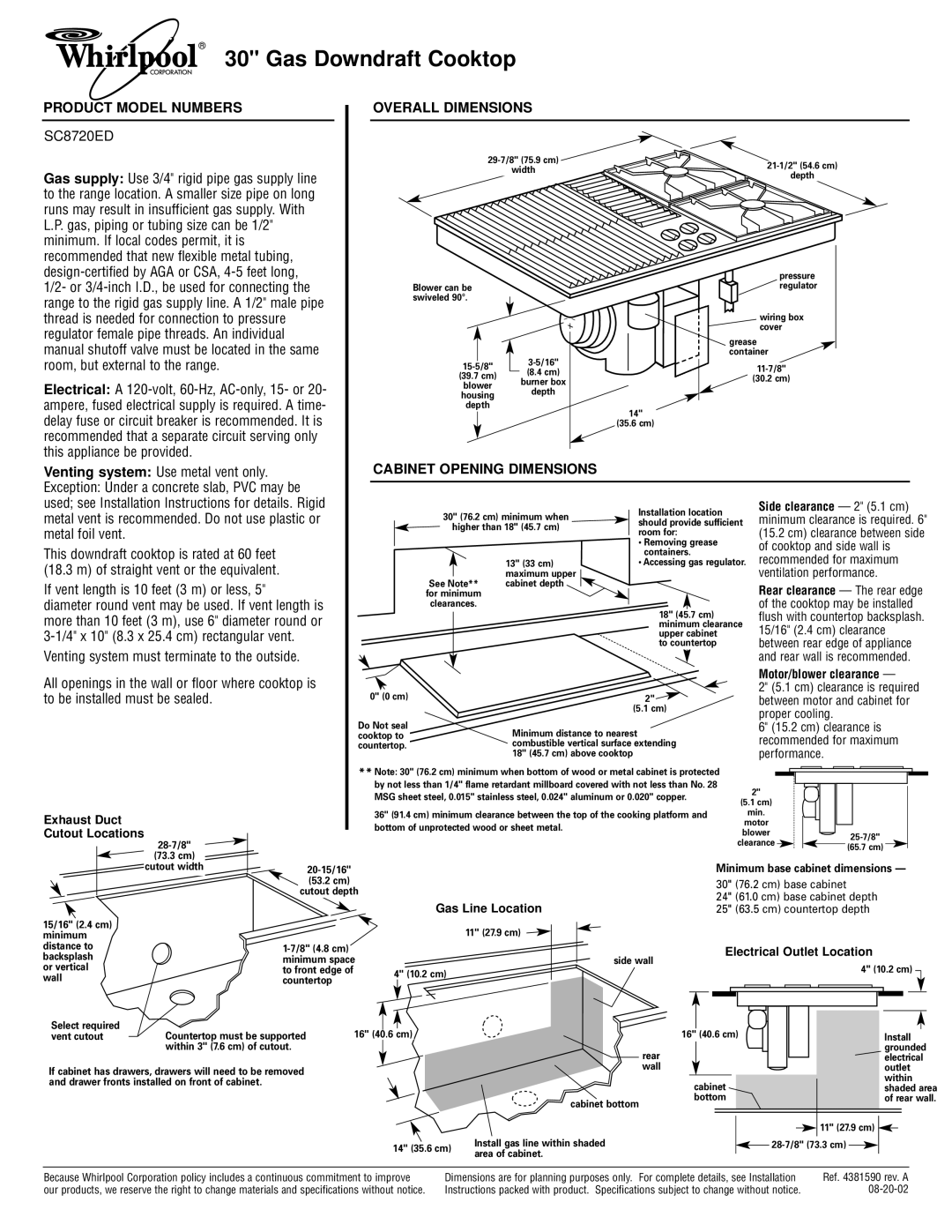 Whirlpool SC8720ED specifications Product Model Numbers Overall Dimensions, Cabinet Opening Dimensions 