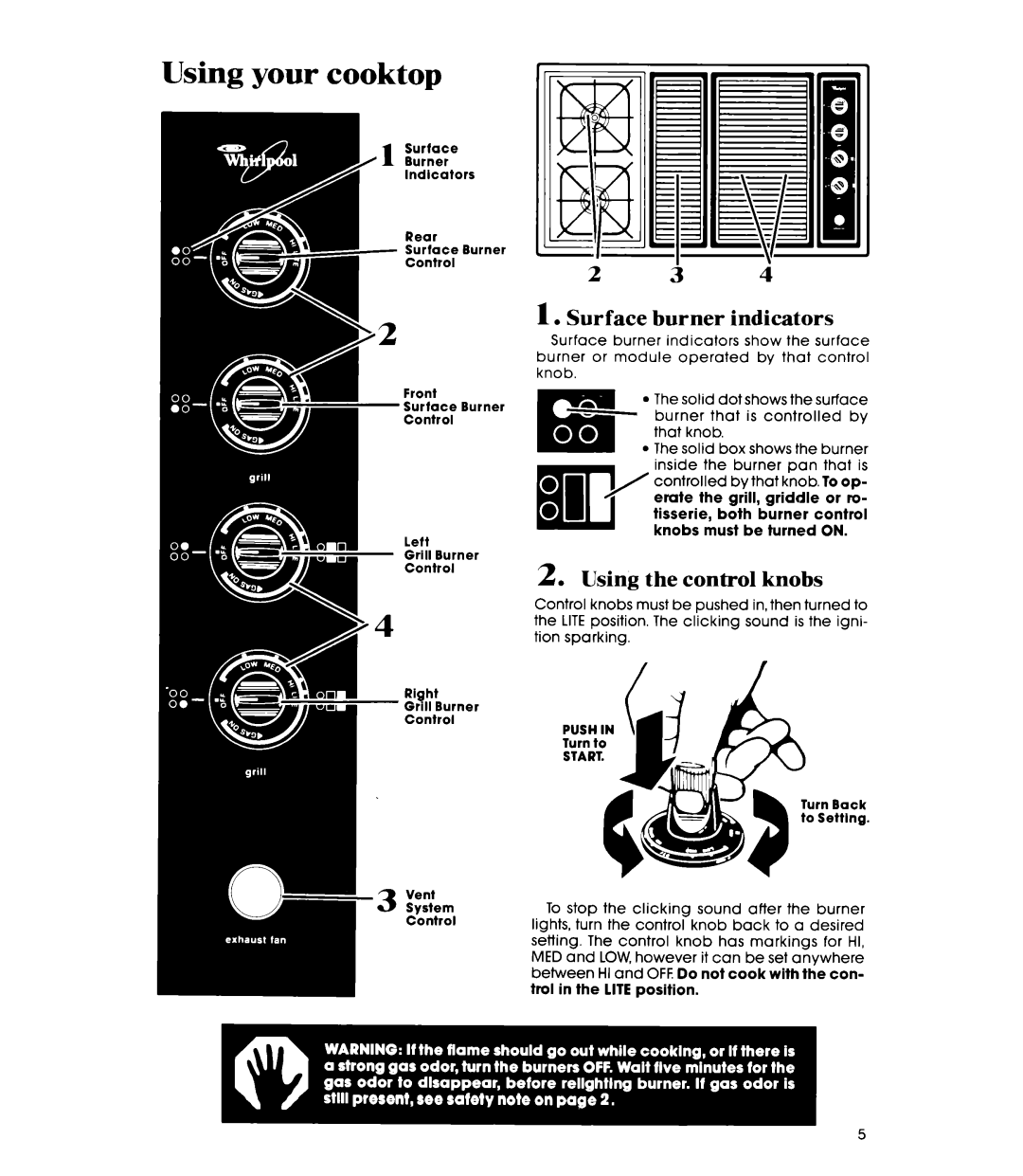 Whirlpool SC8900EMH manual Using your cooktop, $ern, Surface burner indicators, Using the control knobs 