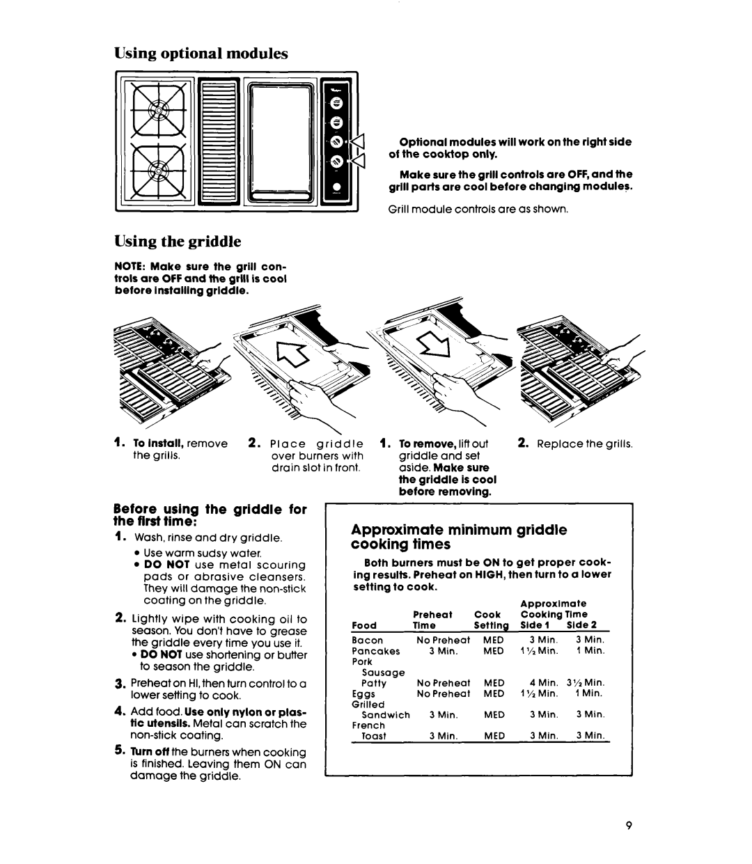 Whirlpool SC8900EMH manual Using optional modules, Using the griddle 