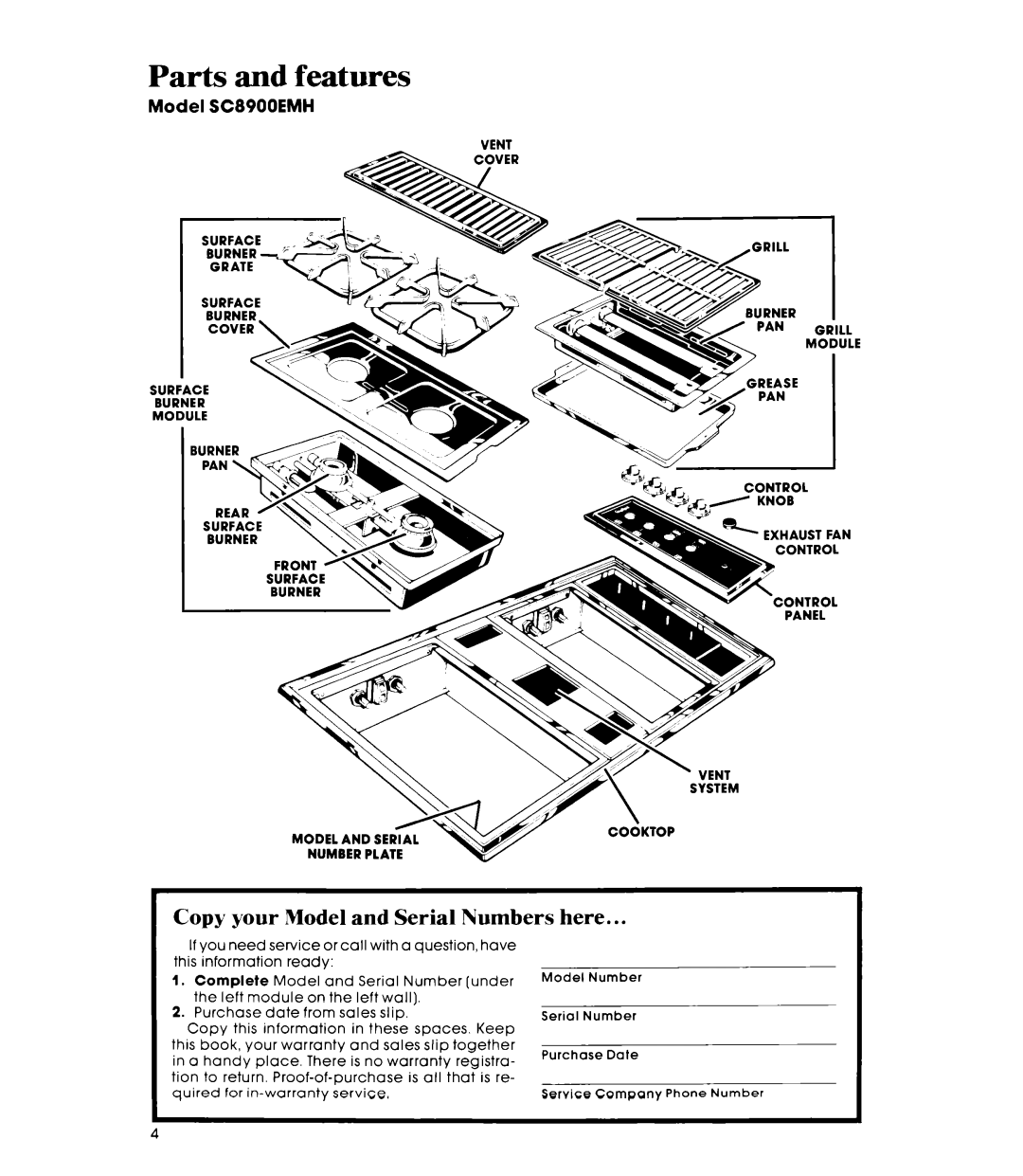 Whirlpool manual Parts and features, Copy your Model and Serial Numbers here, Model SC8900EMH 