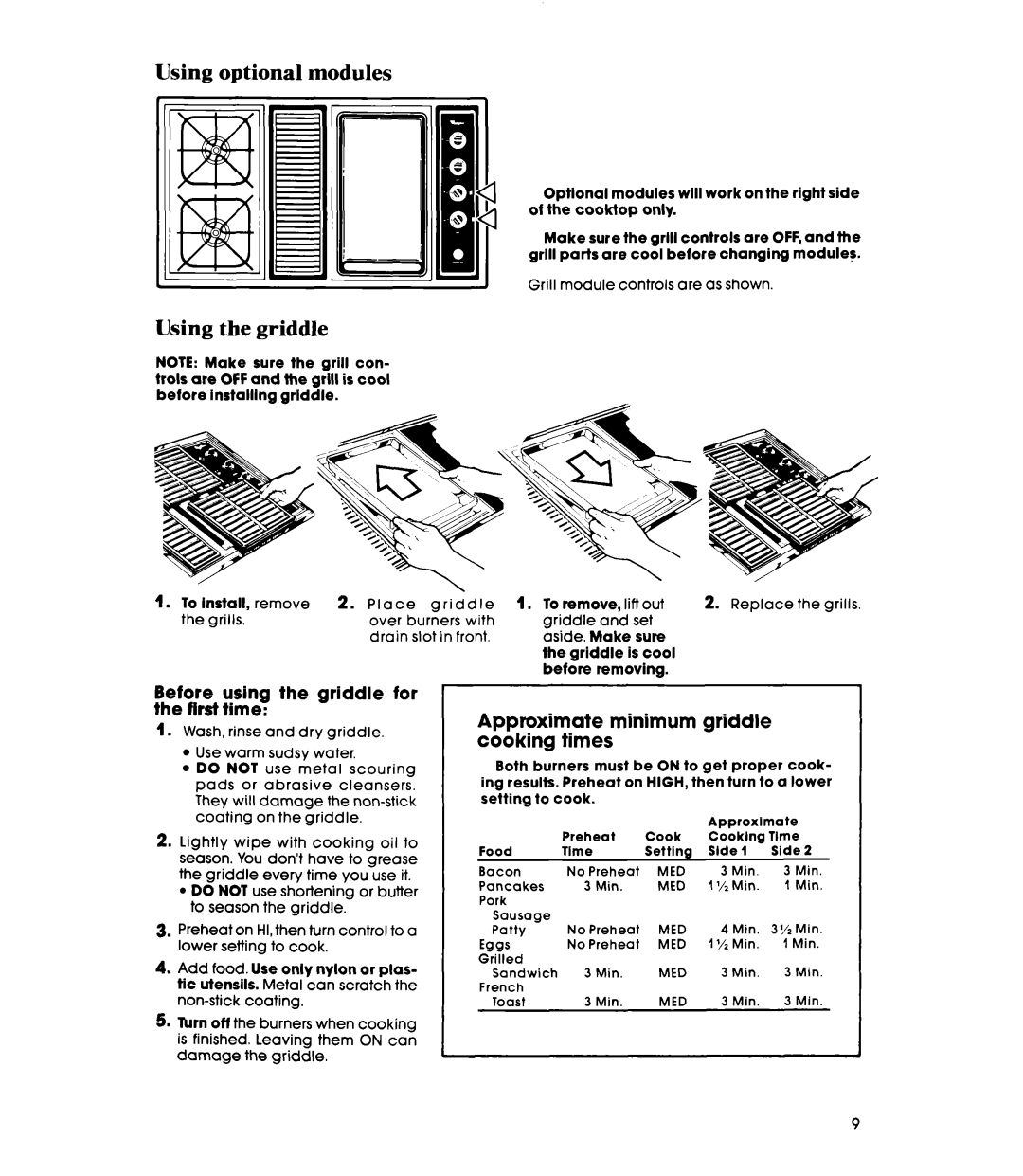 Whirlpool SC8900EMH manual Using optional modules, Using the griddle, Approximate minimum griddle cooking times 