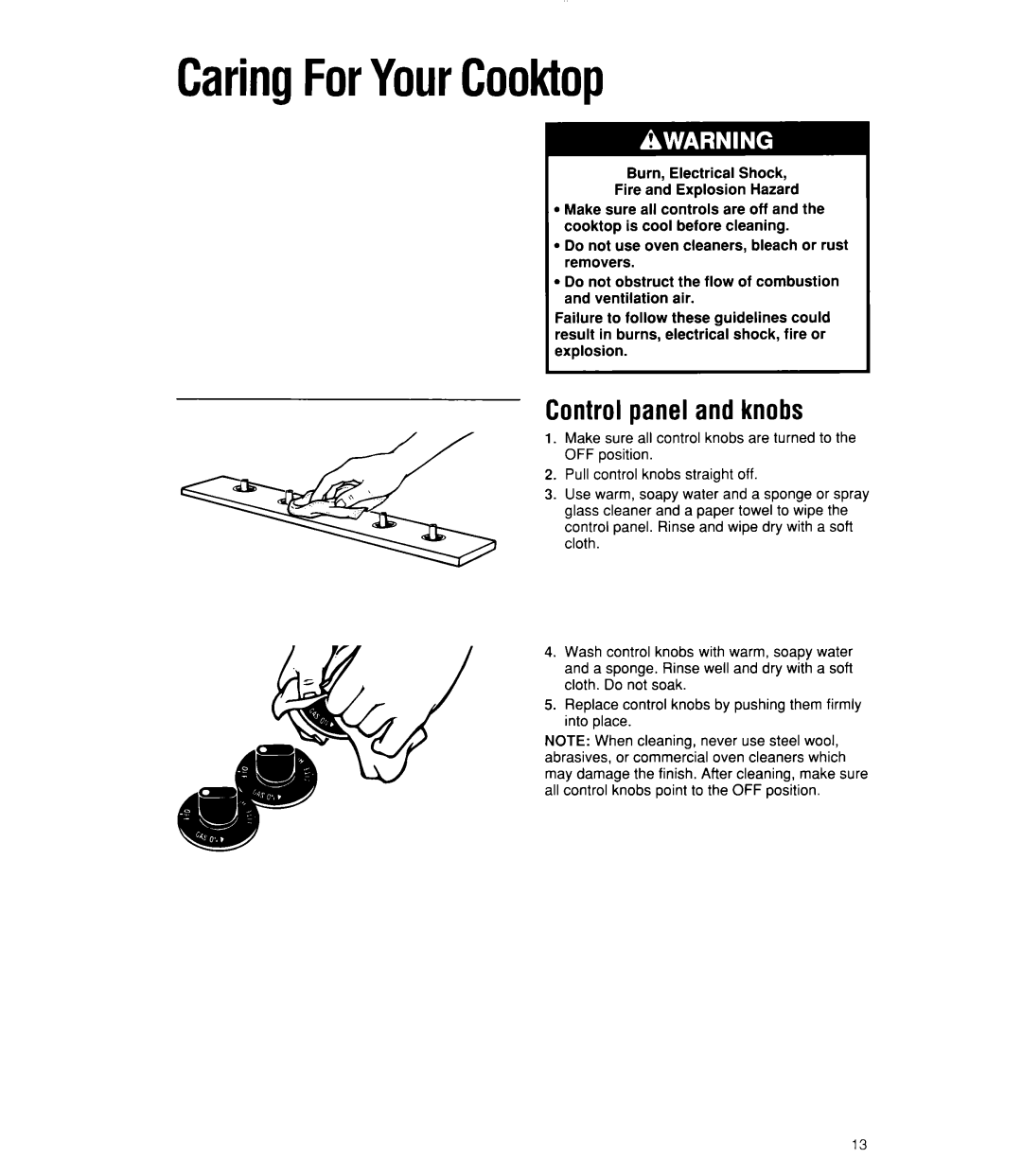 Whirlpool SC8900EX manual CaringForYourCooktop, Controlpanel and knobs 