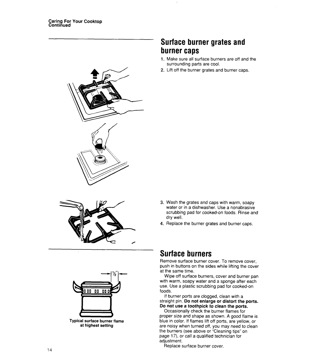 Whirlpool SC8900EX manual Surfaceburners, Surfaceburnergratesand burnercaps 