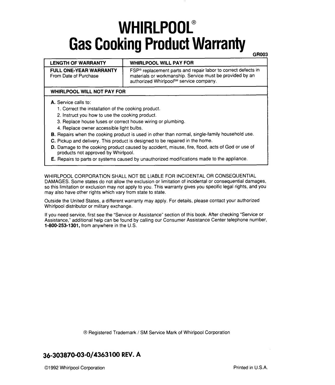 Whirlpool SC8900EX manual Whirlpool, GasCookingProductWarranty 