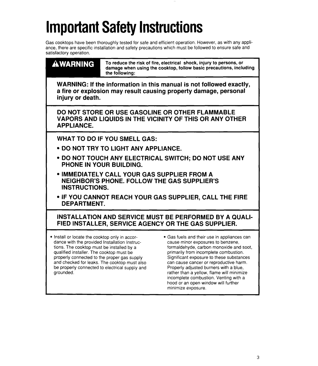 Whirlpool SC8900EX manual ImportantSafetyInstructions 