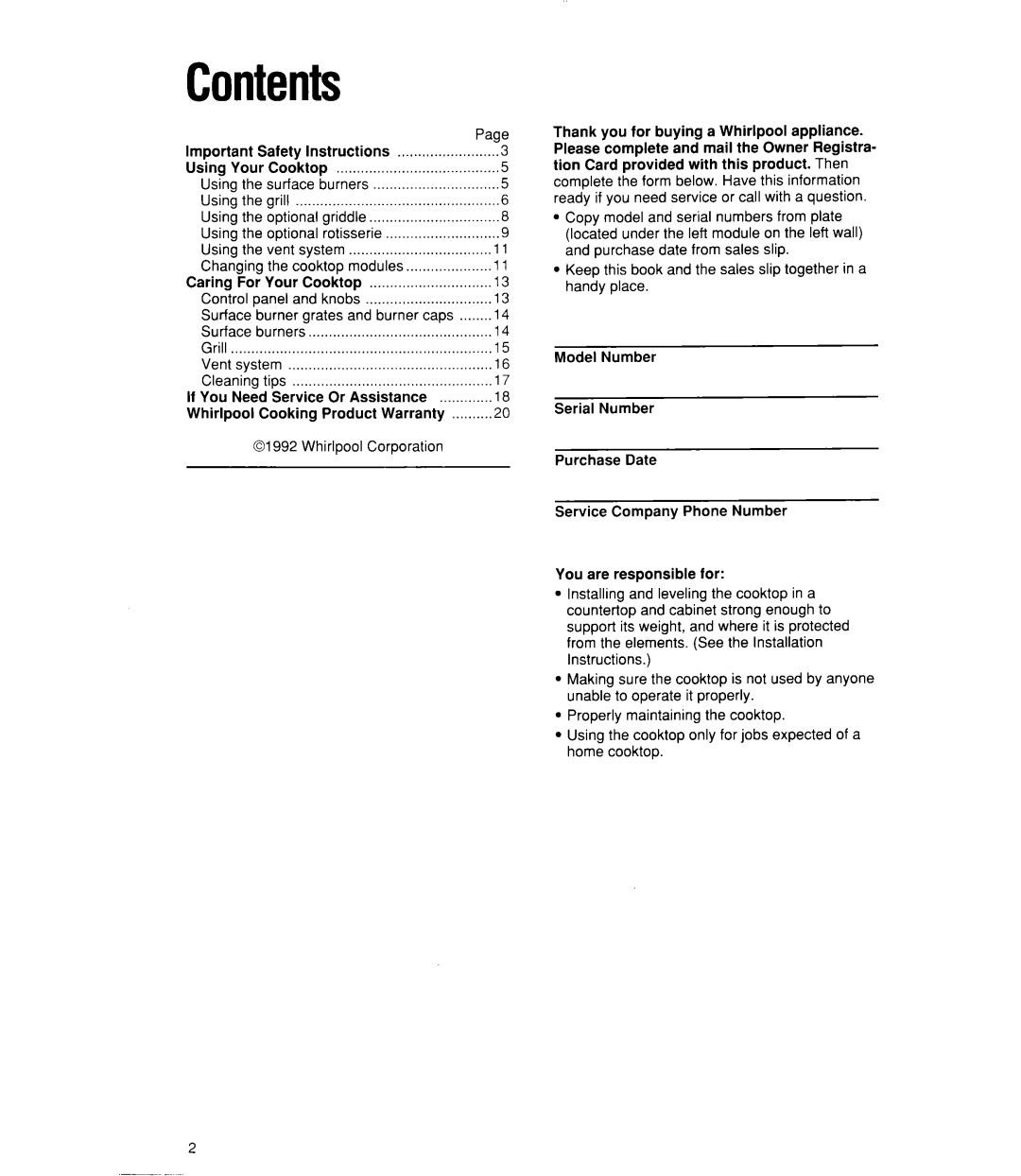Whirlpool SC8900EX manual Contents 