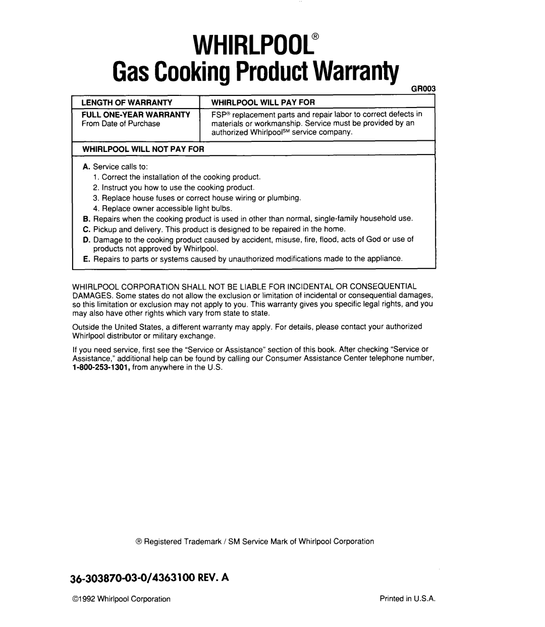Whirlpool SC8900EX manual WHIRLPOOL” GasCookingProductWarranty, 36-303870-03-O/4363100 REV. A 
