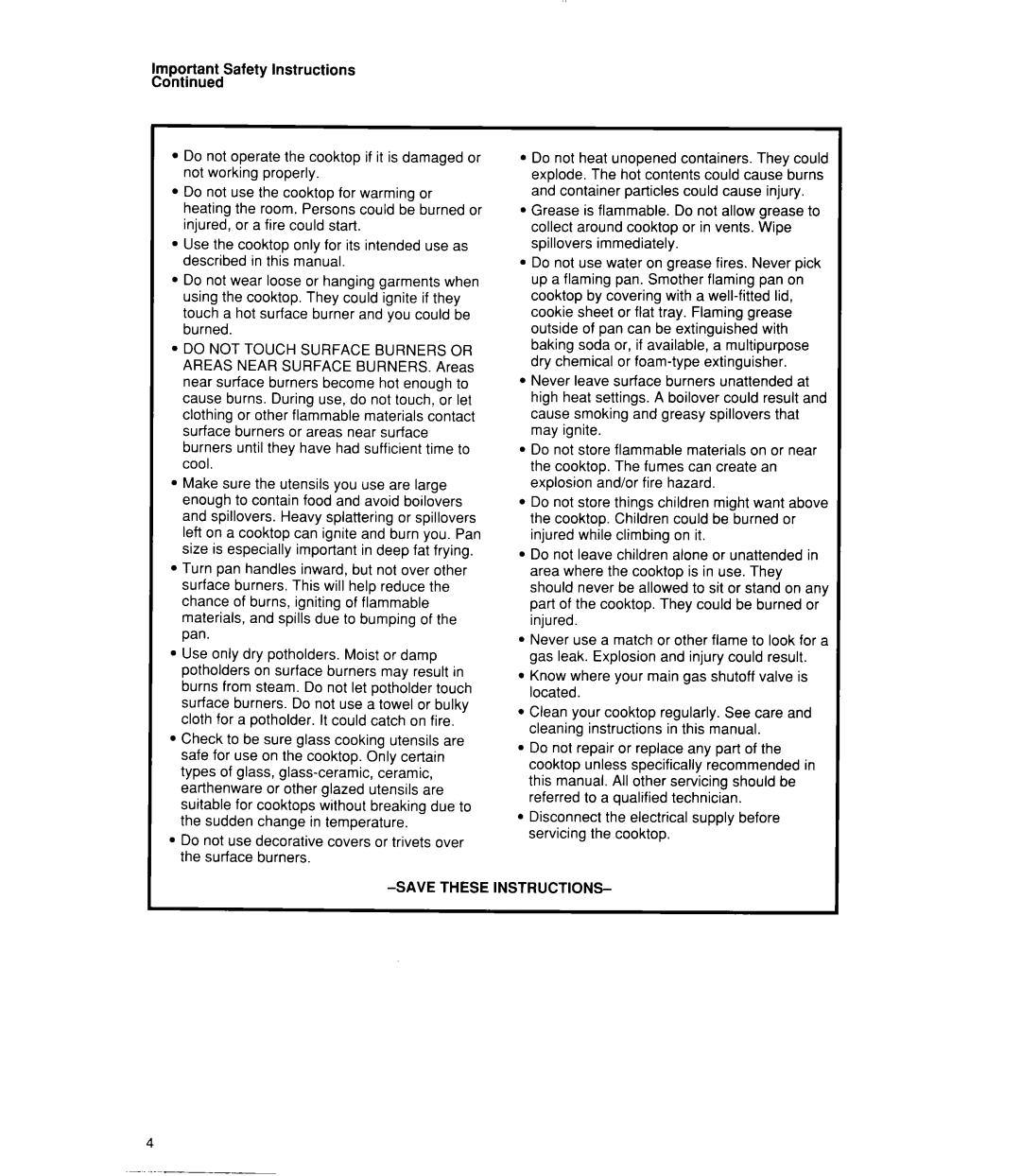 Whirlpool SC8900EX manual Important Safety Instructions Continued 