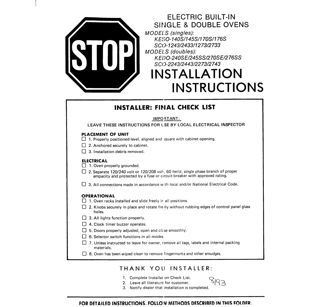 Whirlpool SCO-2273, SCO-2443, SCO-2733, SCO-2433, SCO-2243, SCO-1273 installation instructions Installation Instructions 