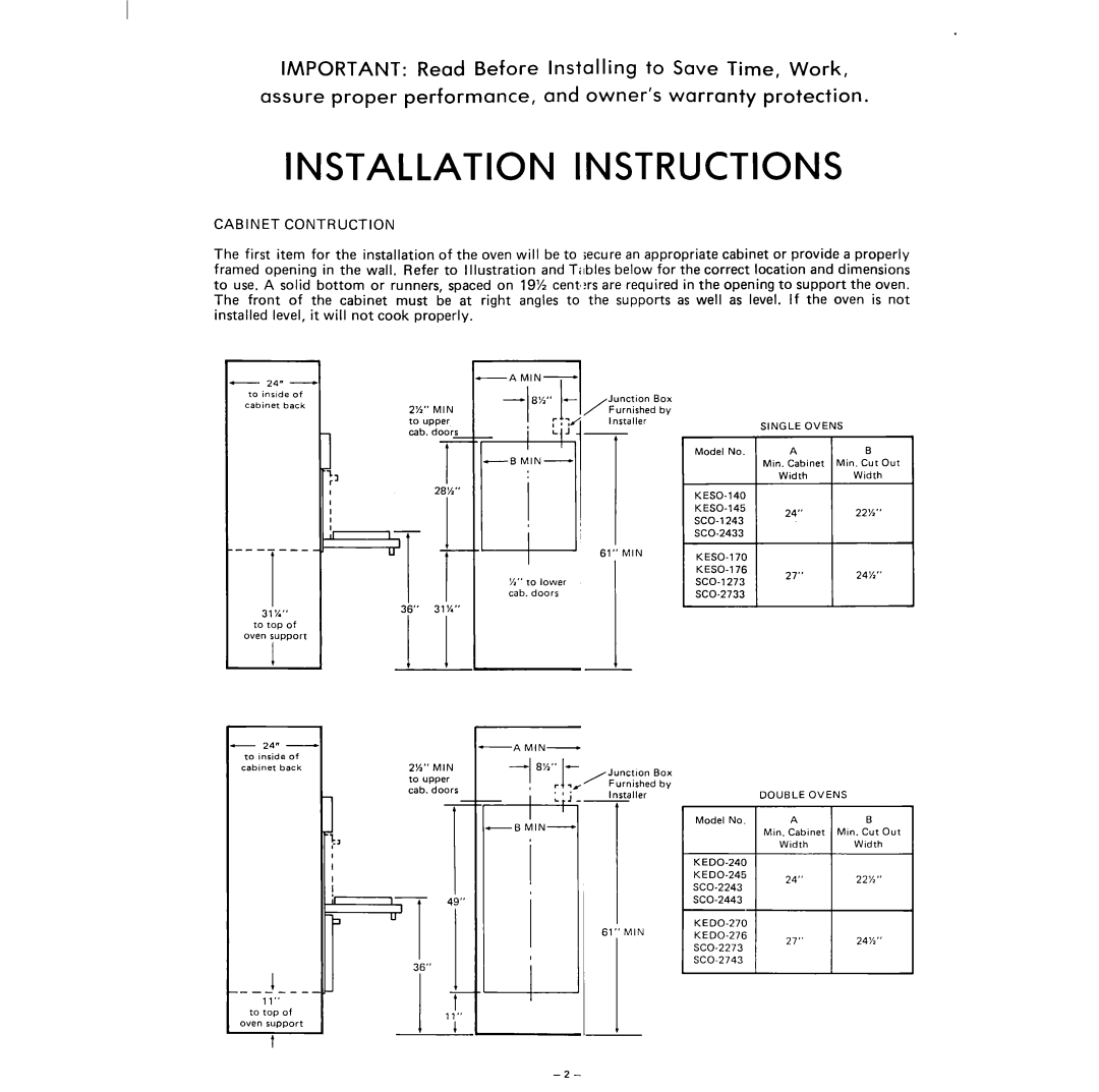 Whirlpool SCO-2733, SCO-2443, SCO-2273, SCO-2433, SCO-2243, SCO-1273, KESO-14OS Installation Instructions, Cabinet Contruction 