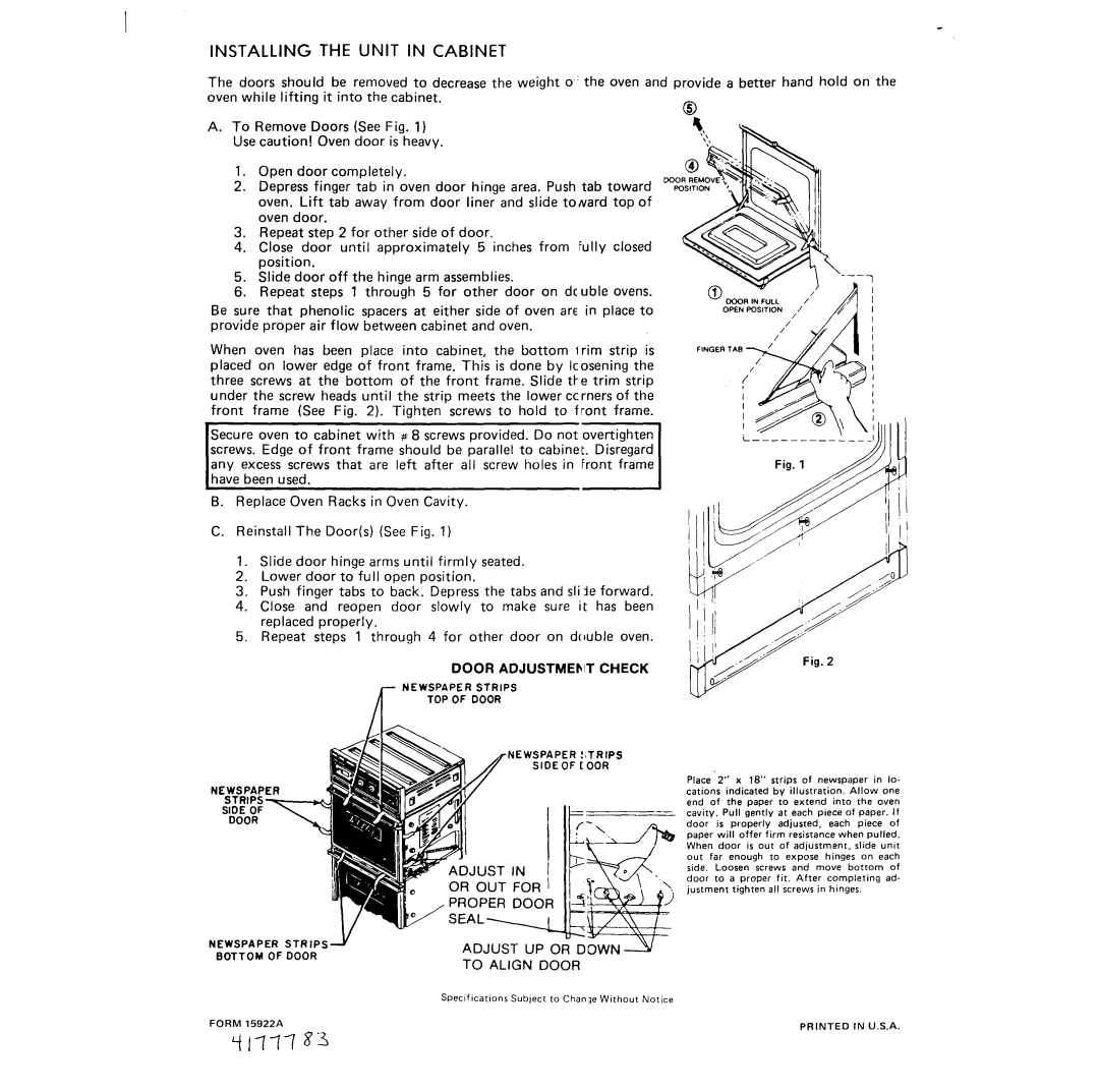 Whirlpool SCO-2243, SCO-2443, SCO-2273, SCO-2733, SCO-2433 Installing the Unit in Cabinet, Adjust UP or DOWN3 To Align Door 