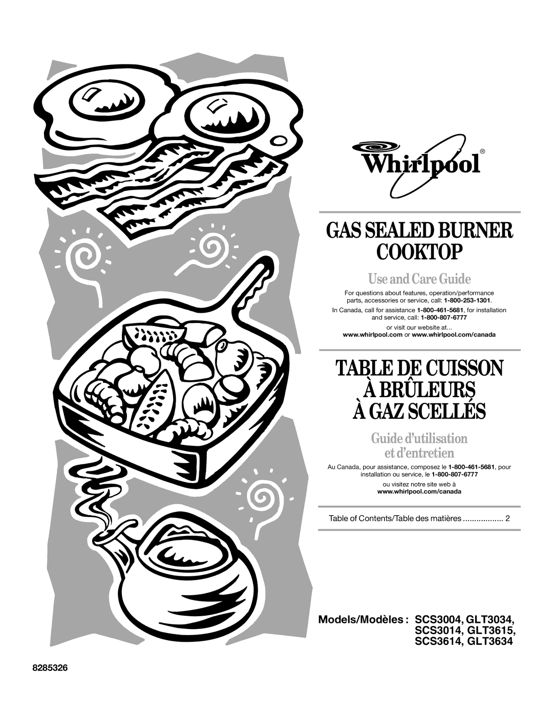 Whirlpool GLT3034, SCS3004, GLT3634 manual Cooktop, Table DE Cuisson Brûleurs GAZ Scellés, Use and Care Guide, 8285326 