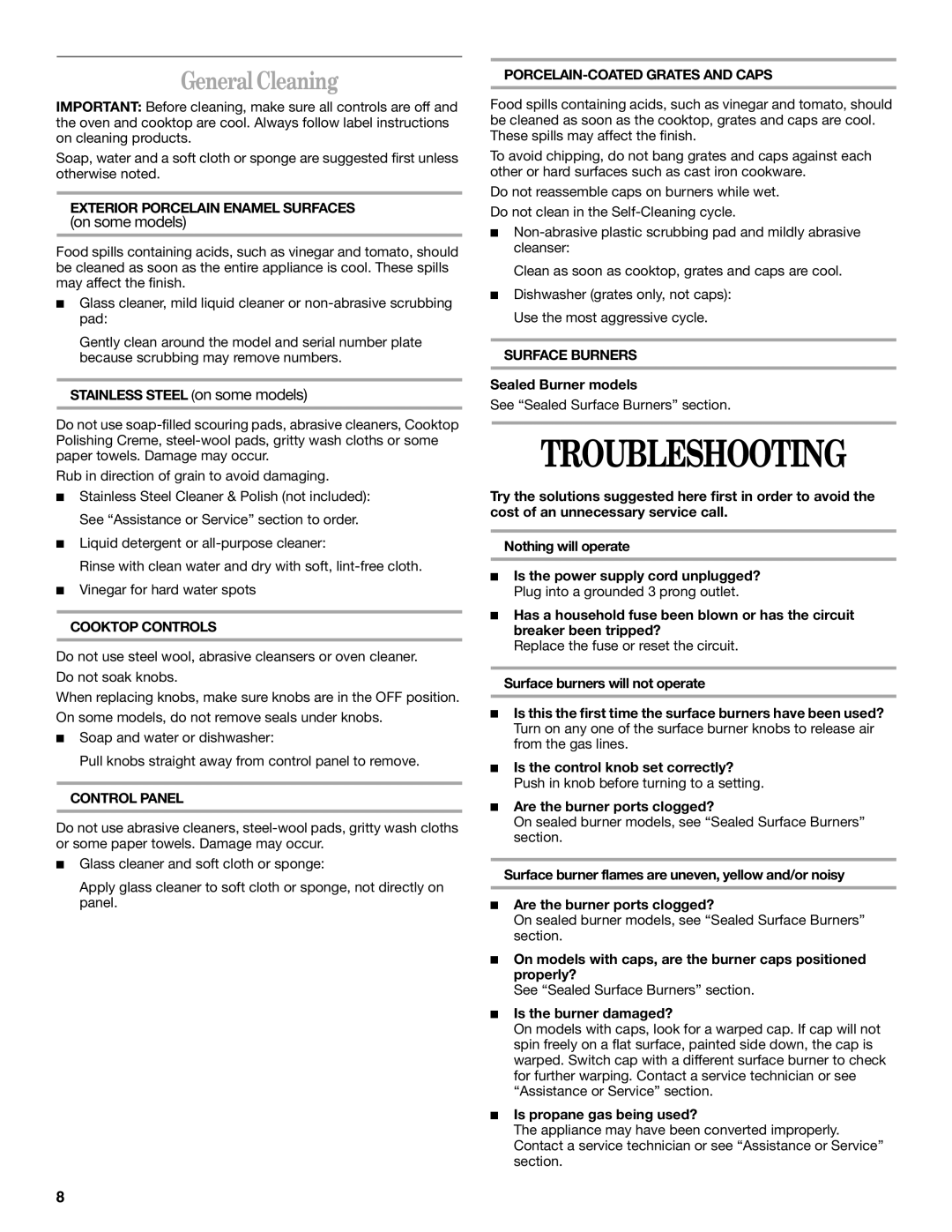 Whirlpool GLT3634, SCS3004, GLT3034 manual Troubleshooting, General Cleaning 