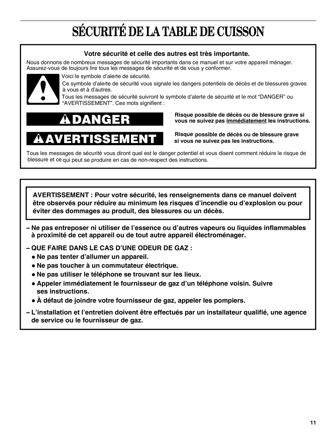 Whirlpool GLT3634, SCS3004, GLT3034 manual Sécurité De La Table De Cuisson, Danger, Avertissement 