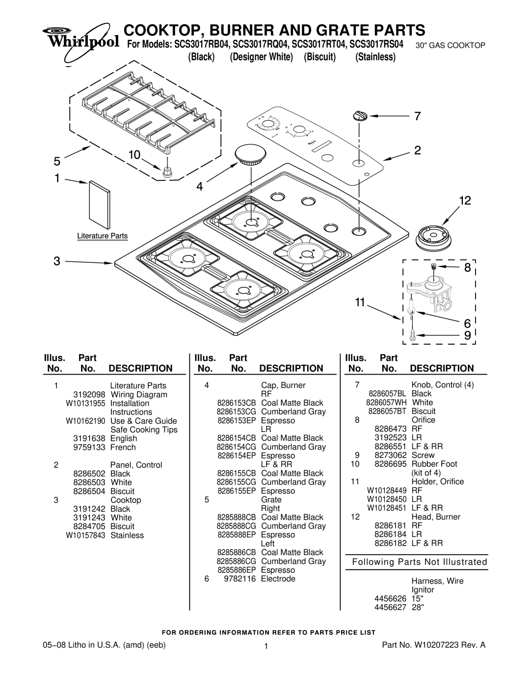 Whirlpool SCS3017RS04, SCS3017RQ04 installation instructions COOKTOP, Burner and Grate Parts, Illus Part, Description 